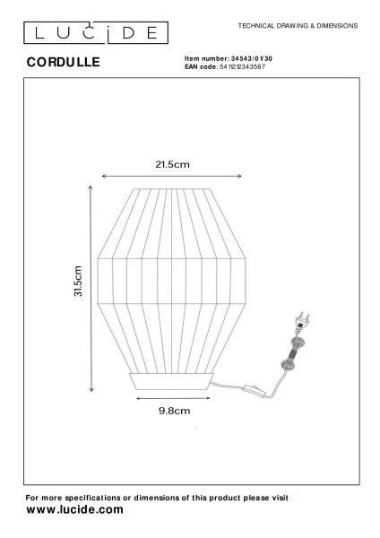 Lucide CORDULLE - Tafellamp - 1xE27 - Zwart - technisch